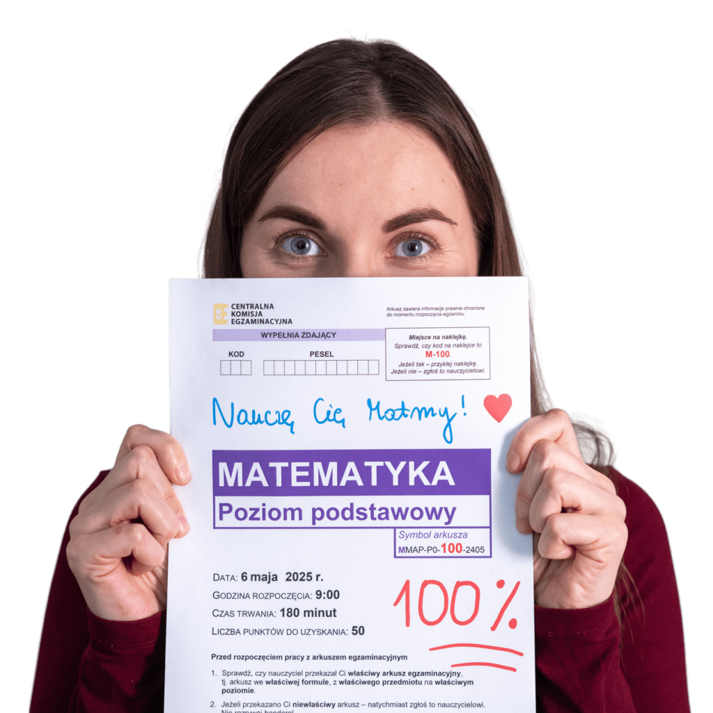 Nauczyciel matematyki trzymający maturę zdaną na 100% pod oczami, kartka przysłania twarz